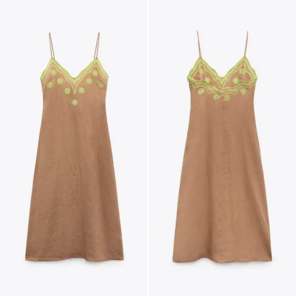 NWT Zara Embroidered Linen Slip Midi Dress size S - Picture 10 of 13